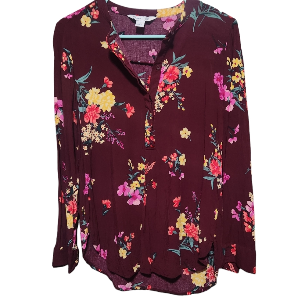 Old Navy Tunic Button Down Blouse Top Floral Sz M Long Sleeve
